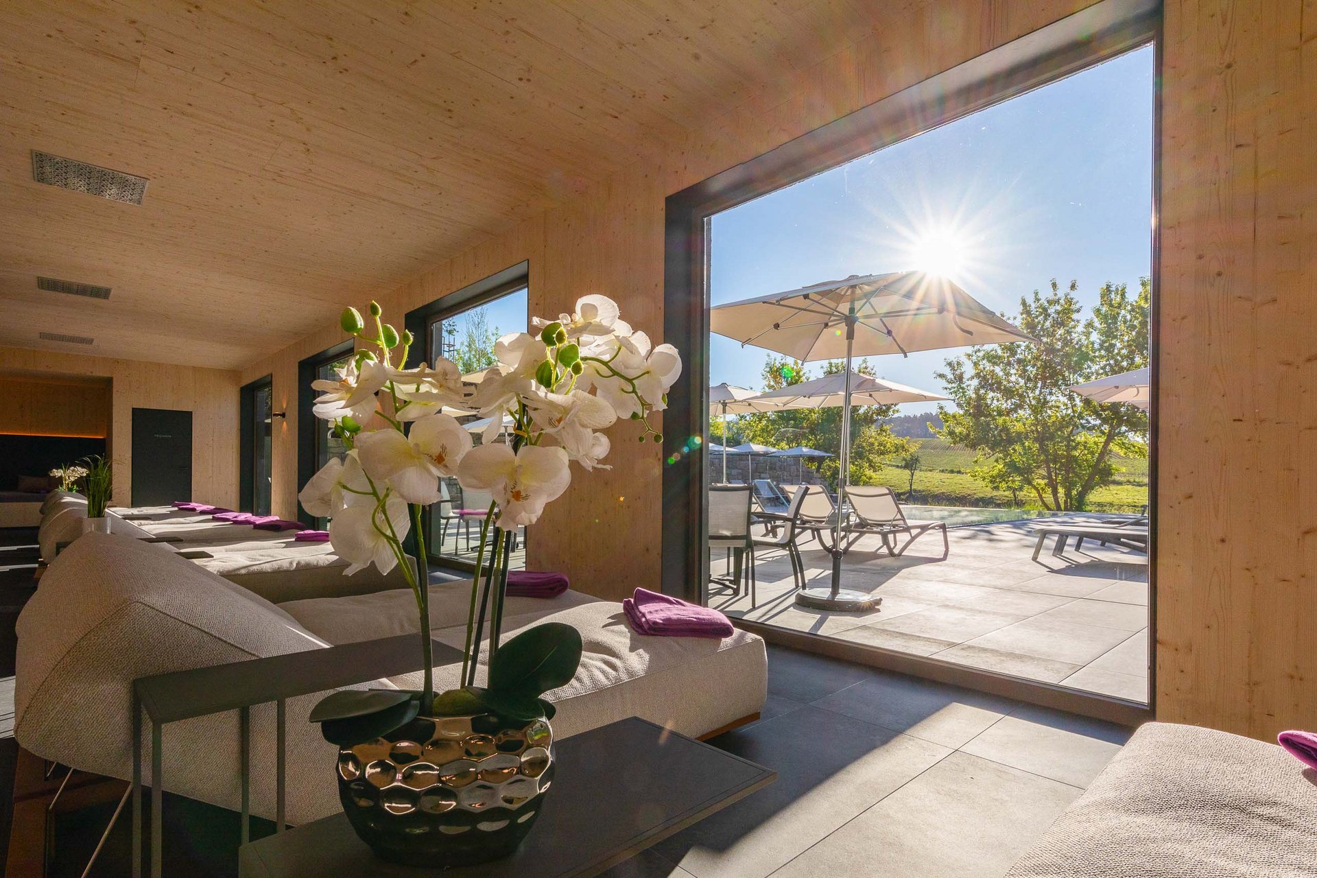 Wellnesshotel in Jena? Wohnzimmer mit Orchideen und Blick auf Terrasse mit Sonnenschirmen und Sonnenlicht