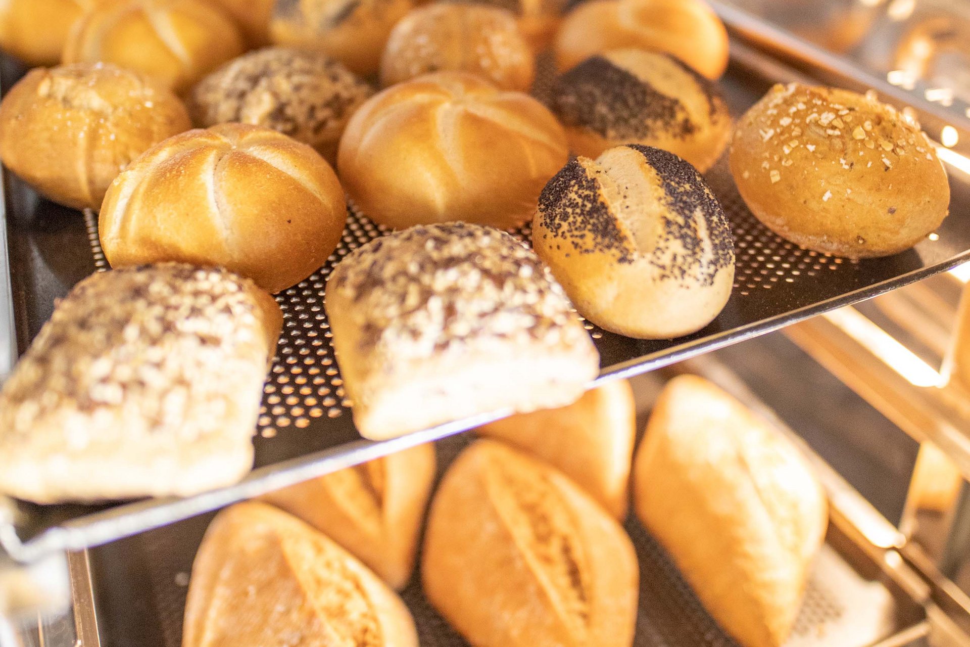 Urlaub in Jena: mein Fair Resort Verschiedene frische Brötchen auf Backblechen in einem Ofen